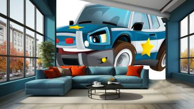 Cartoon smiling police on white background car isolated illustration for children Wall mural