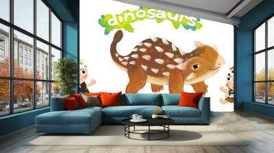 caveman human cartoon happy and funny colorful prehistoric dinosaur dino ankylosaurus isolated illustration with child pointing on animal Wall mural