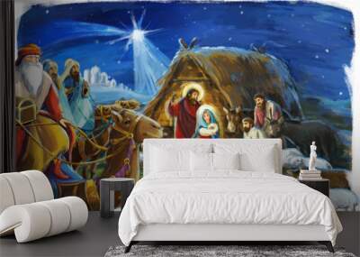 religious illustration three kings - and holy family - traditional scene with sheep and donkey - illustration for children Wall mural