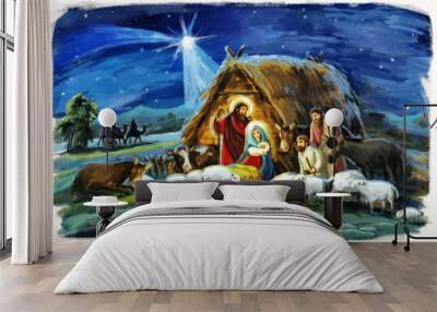 religious illustration three kings - and holy family - traditional scene with sheep and donkey - illustration for children Wall mural