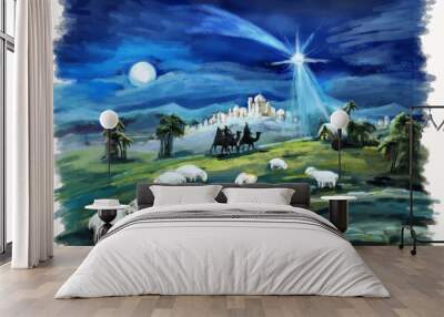 religious illustration three kings - and holy family - traditional scene with sheep and donkey - illustration for children Wall mural