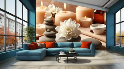 Zen stones, candles and white flower on beige background witn copy space, wellness and harmony, massage and bodycare, spa and wellness con Wall mural