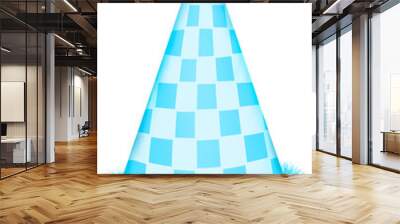 A blue festival cone hat like pyramid shape with white chess board pattern, decorated by. a blue circle fluffy at the top and a blue fluffy at the base of hat isolated background. Wall mural