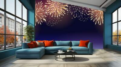 Vector illustration of colorful fireworks in the night sky. For holiday celebrations, greeting cards, posters, banners, flyers. Wall mural