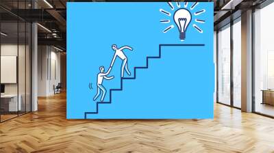 Helping hand to success. Vector business illustration of businessman collaboration on stairs to goal | modern flat design linear concept icon and infographic on blue background Wall mural