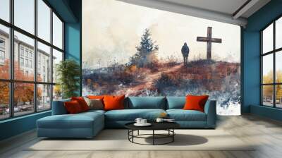 A lone man walks towards a wooden cross on a hilltop Watercolor painting depicting faith hope and solitude with autumnal colors and a somber mood Wall mural