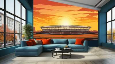 A vector illustration of a sunset over a modern football stadium with a view of the city Wall mural