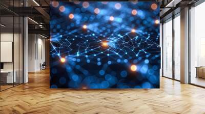 Abstract Futuristic Technology Background with Glowing Blue Connecting Dots and Lines, Big Data Network Connection Concept, Digital Communication, AI Artificial Intelligence, Internet of Things IoT Wall mural