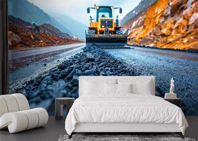 Asphalt road construction with heavy duty bulldozer working on construction site Wall mural