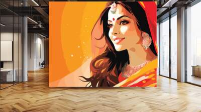 Beautiful indian woman in red saree. Vector illustration. Wall mural