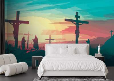 Calvary Crucifixion Jesus Christ Cross Christianity Religion Christian Easter Faith God Holy Good Friday Savior Hope Crucifix Silhouette Sunset Sunrise Watercolor Illustration Clip Art Wall mural