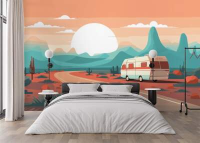 Camper on road in desert. Road trip. Vector illustration in flat style Wall mural