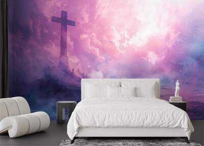 Christian cross above water clouds sky pink purple landscape faith religion hope spiritual jesus god heaven religious belief christianity symbol Wall mural