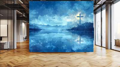 Christian cross by the lake under starry sky religious background faith hope god heaven jesus christ christianity bible spiritual holy Wall mural