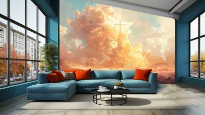 Christian cross glowing clouds heaven religion faith spiritual God Jesus Christ holy bible hope redemption resurrection landscape desert dramatic sky cloudscape Wall mural