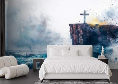 Christian cross on a rock cliff by the sea faith hope love God Jesus Christ believe religion christianity spiritual Wall mural