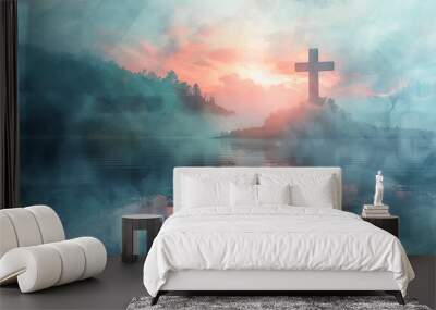 Christian cross on the lake at sunset Jesus resurrection concept hope faith God heaven religion Wall mural