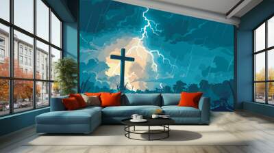 Christian Cross Silhouette Against Stormy Sky Lightning Religion Faith Hope Concept Background Wall mural