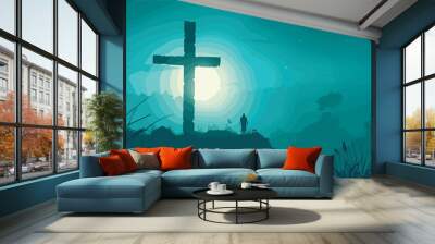 Christian cross silhouette faith Jesus Christ religion hope religious Easter God church spirituality belief Christianity crucifix praying spiritual holy night moonlight green background nature Wall mural