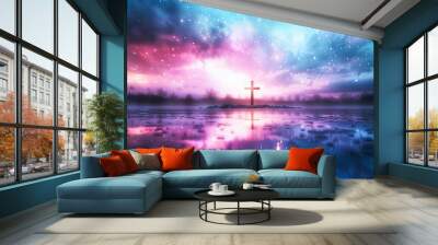 Christian cross silhouette on water reflection with pink and blue galaxy sky background religion concept faith belief god jesus christ spiritual christianity church easter sunday heaven bible worship Wall mural