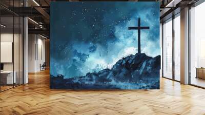 Christian cross starry sky night landscape faith religion hope god jesus christ spiritual belief symbol religious easter good friday holy week christianity mountain top Wall mural