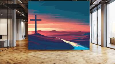 Christian Cross Sunset Landscape Faith Hope River Mountains Desert Religion Spirituality Twilight Evening Sky Religious Symbol Illustration Background Graphic Design Element Artwork Digital Art Colorf Wall mural