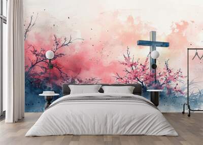 Christian cross symbol faith religious background cherry blossom tree spring nature easter hope heaven jesus christ god Wall mural