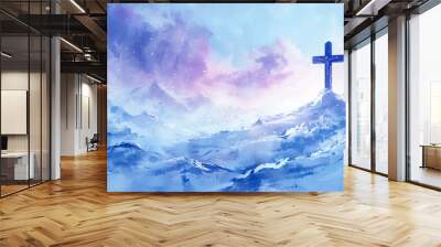 Christian cross winter snow landscape faith religion hope jesus christ god religious belief spiritual christmas easter christianity bible heaven holy holiday celebration background concept Wall mural