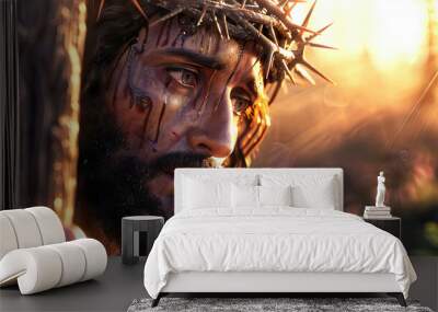 Closeup of Jesus Christ wearing crown of thorns face with blood faith suffering religious savior christianity god hope love easter sunday good friday bible gospel resurrection spiritual holy week Wall mural