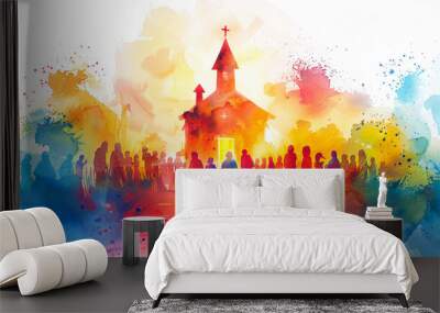 Colorful watercolor church building with open door cross shining light people crowd religion Christianity hope faith spiritual God Jesus Christ belief concept abstract background Wall mural