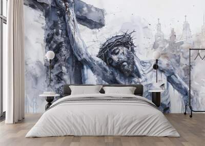 Crucifixion Jesus Christ crown thorns watercolor painting faith Christianity religious spiritual art artwork religion God sacrifice suffering cross gospel redemption savior messiah hope love easter Wall mural