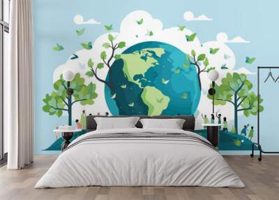 Ecology concept. People standing around the world. Flat vector illustration. Wall mural