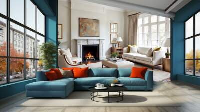 Elegant living room interior with fireplace sofa and armchairs Wall mural