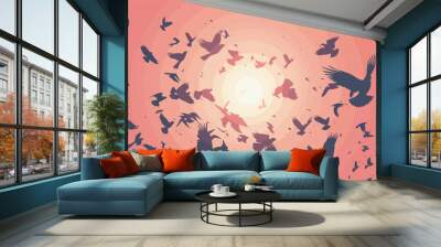 Flock of birds flying silhouette sunset sunrise pink sky background birds eye view freedom hope inspiration concept transparent background graphic design nature wildlife animals avian feather wing Wall mural