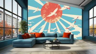 Flock of seagulls flying red sun rays clouds blue sky retro illustration design element transparent background birds travel vacation freedom nature wildlife soaring avian marine seascape nautical Wall mural