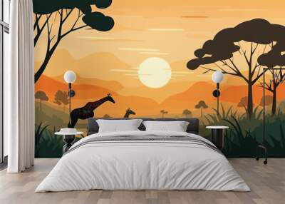 Giraffe in the savanna at sunset, vector illustration. Wall mural