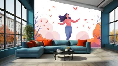 Happy plus size woman in the autumn park. Vector flat illustration. Wall mural