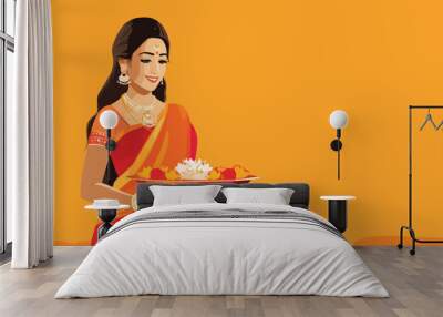 Indian woman holding plate with food on orange background. Vector illustration. Wall mural