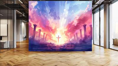 Jesus Christ on cross crucifixion resurrection spiritual christianity faith God religious hope heaven dramatic clouds light painting art illustration digital art sunset sunrise artwork background Wall mural