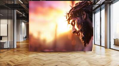 Jesus Christ wearing crown of thorns with sunset background good friday concept easter crucifixion death resurrection christianity faith salvation god religious holiday bible gospel belief prayer Wall mural