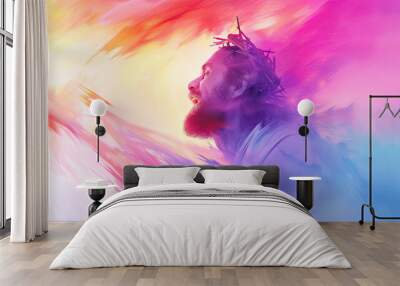 Jesus Christ with crown of thorns looking up to heaven colorful painting hope faith christianity religion god spirituality resurrection easter bible gospel prayer Wall mural