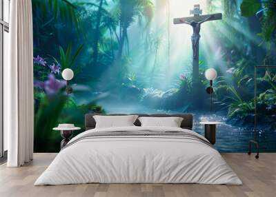 Jesus on the cross in a mystical forest with flowers river and god rays coming from the sky faith christianity god religion holy bible jesus christ spirituality hope love belief prayer easter Wall mural