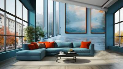 Modern Art Gallery with Two Large Paintings of Tranquil River Landscape, Minimalist Interior Design, Floor to Ceiling Windows, Natural Light, Potted Plants, Serene Atmosphere Wall mural