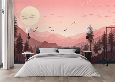 Mountain landscape with lake and forest at sunset flat Vector illustration Wall mural