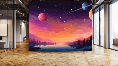 Night landscape with a lake and planets in the sky. Vector illustration Wall mural