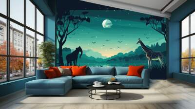 Night landscape with giraffe and seagulls. Vector illustration Wall mural