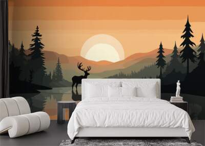 Silhouette of a deer in the forest. Vector illustration. Wall mural