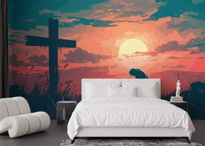 Silhouette of a person praying under sunset sky with cross religion Christianity faith God hope love Jesus Christ church spiritual praying Christian catholic believe grass peaceful evening Wall mural