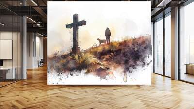 Silhouette of a shepherd and sheep dog by a cross on a hilltop watercolor art faith Christianity religion God Jesus hope love belief Wall mural