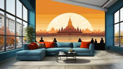 Silhouette of buddhist temple at sunset, vector illustration Wall mural